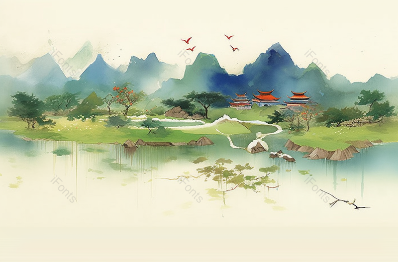 蓝绿色中式山水水彩插画,插画/手绘图,插画/手绘图库,插画/手绘图下载,插画/手绘